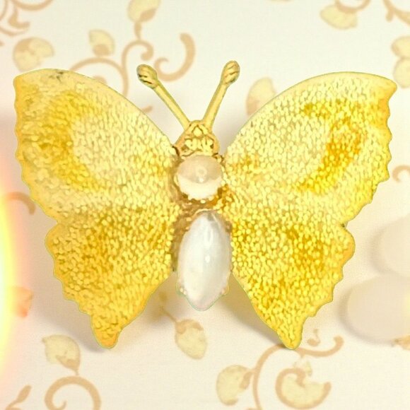 Jewelry - Vintage Gold-Tone Butterfly Brooch With Faux Pearl & Rhinestone Accent - 1.25" W